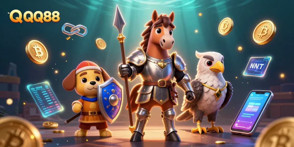 Experience the thrill of QQ88 with a vibrant gaming illustration featuring knight characters and crypto elements.