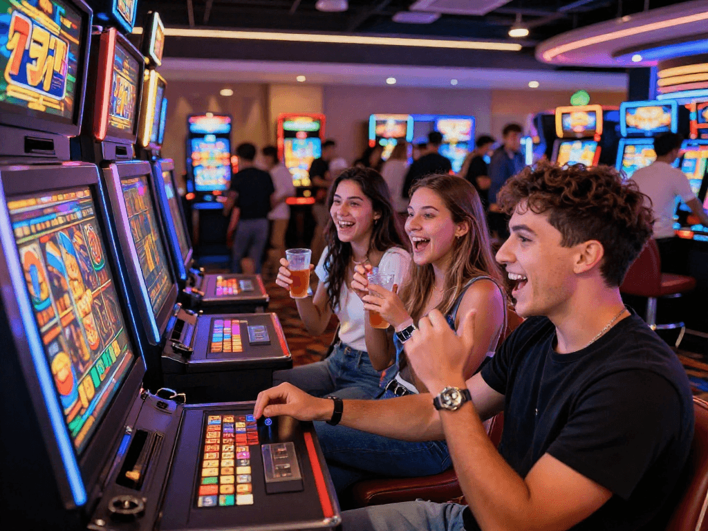 Friends celebrating a win at the Slot777 machines showing excitement for link slot gacor.