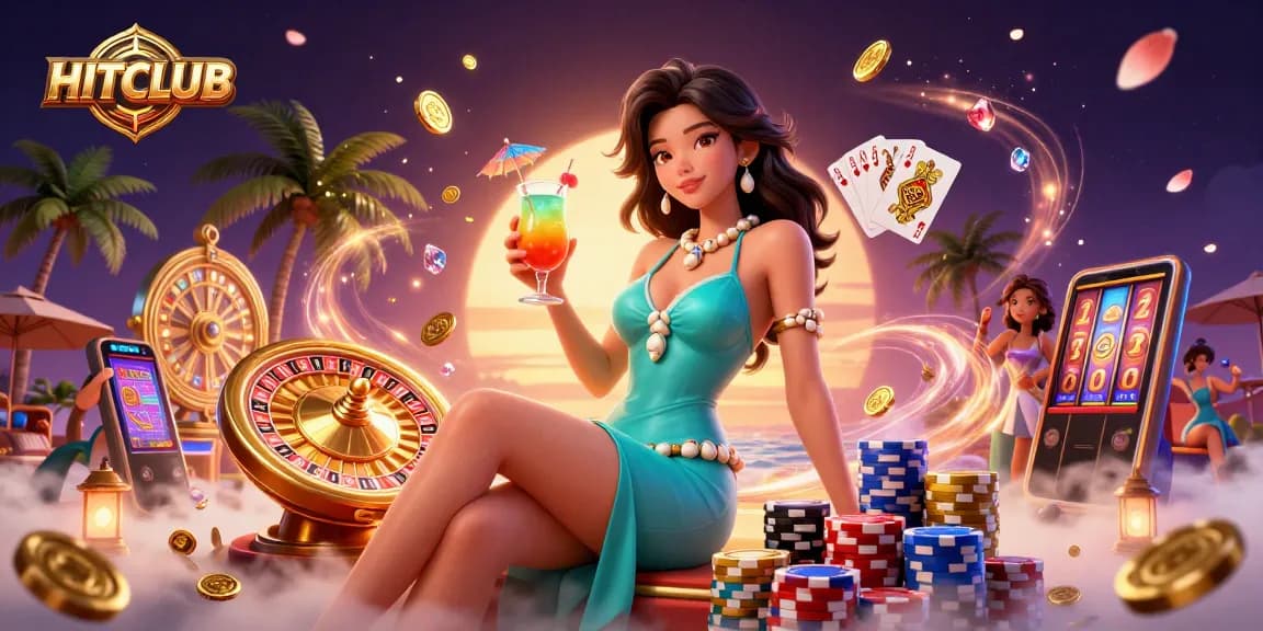 Engage in thrilling gaming at HITCLUB with vibrant slot machines, roulette, and tropical ambiance.