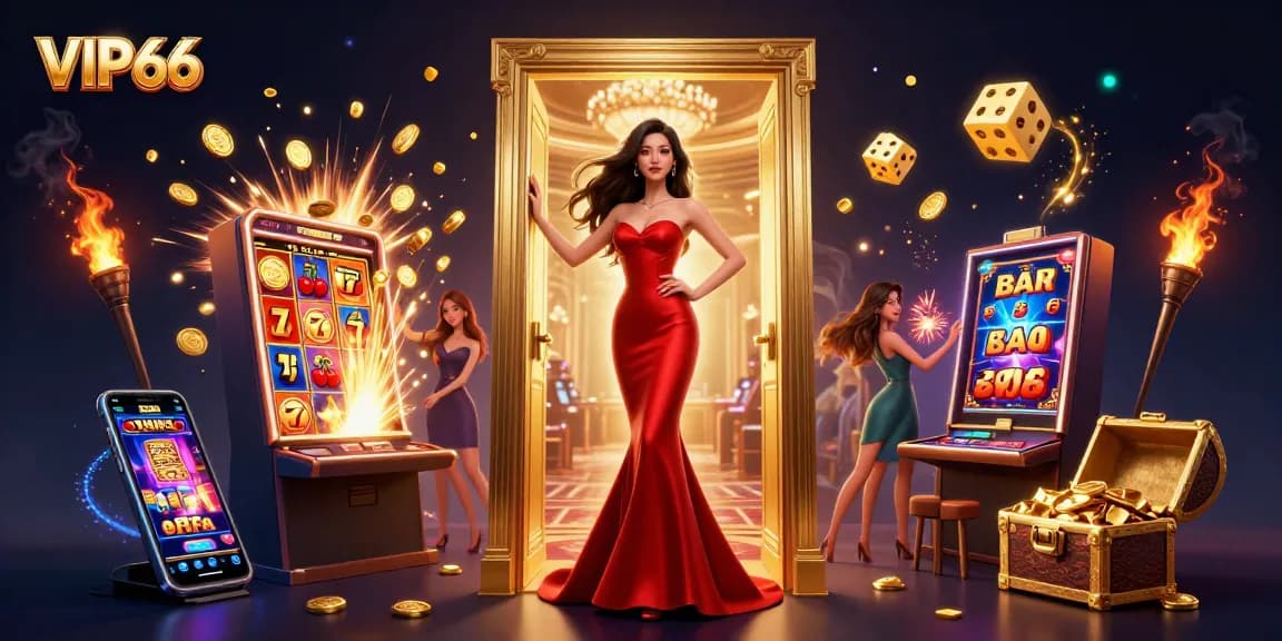 Engage in the excitement of VIP66 with a stunning casino scene featuring dynamic jackpots, games, and vibrant elements.