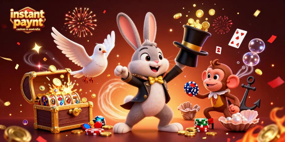 Engage with instant payout casinos in Australia through vibrant 3D illustration of a magician, dove, and monkey with casino elements.