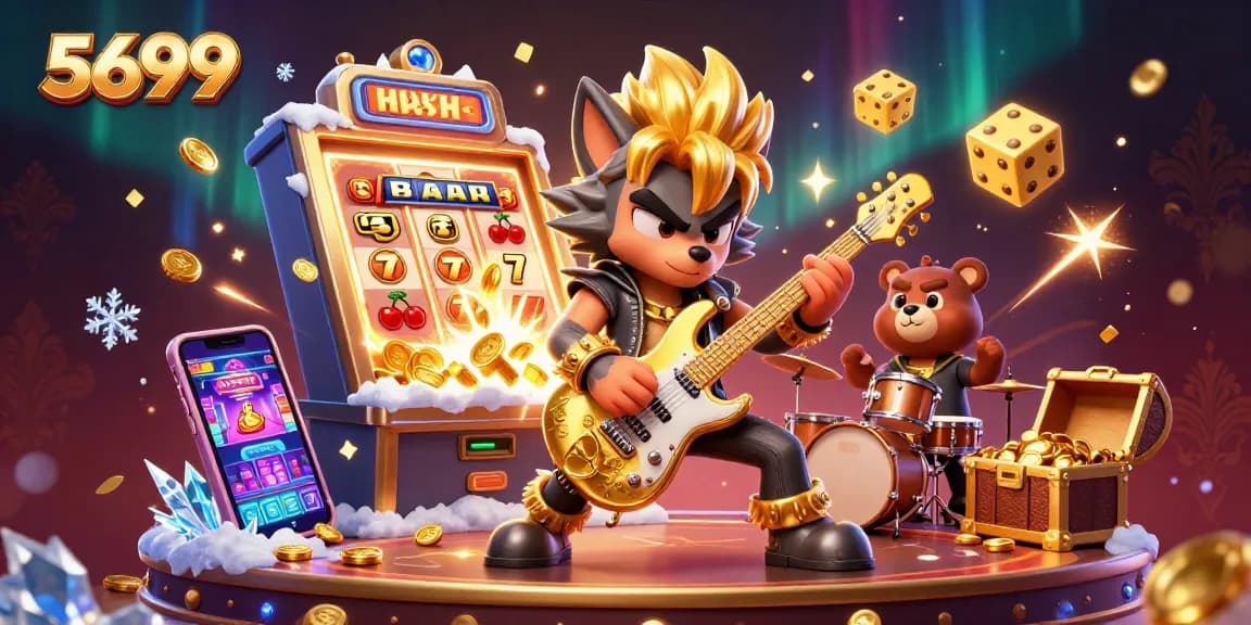 Join the excitement at 5699 with a vibrant casino scene featuring a rock star wolf and a drummer bear.