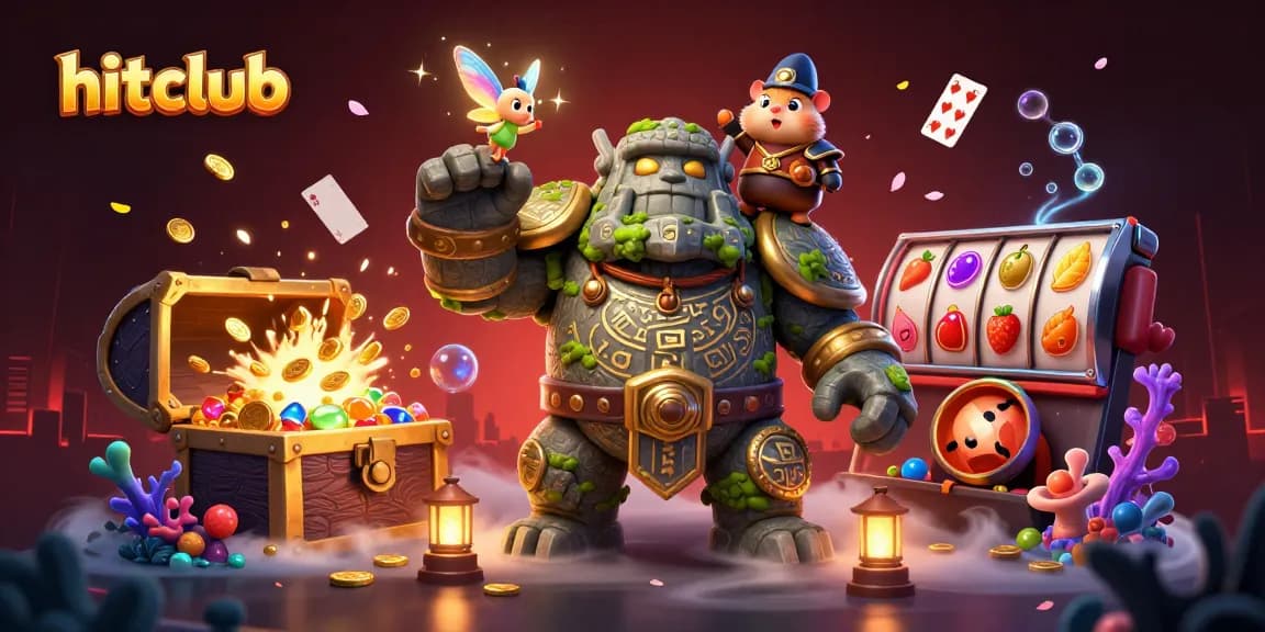 hitclub showcases an interactive scene with a stone golem guardian, fairy magic, and hamster knight amidst dynamic casino elements