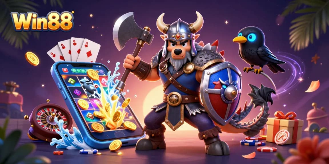Win88 slots illustrated with a Viking wolf warrior and dragon in an engaging scene.