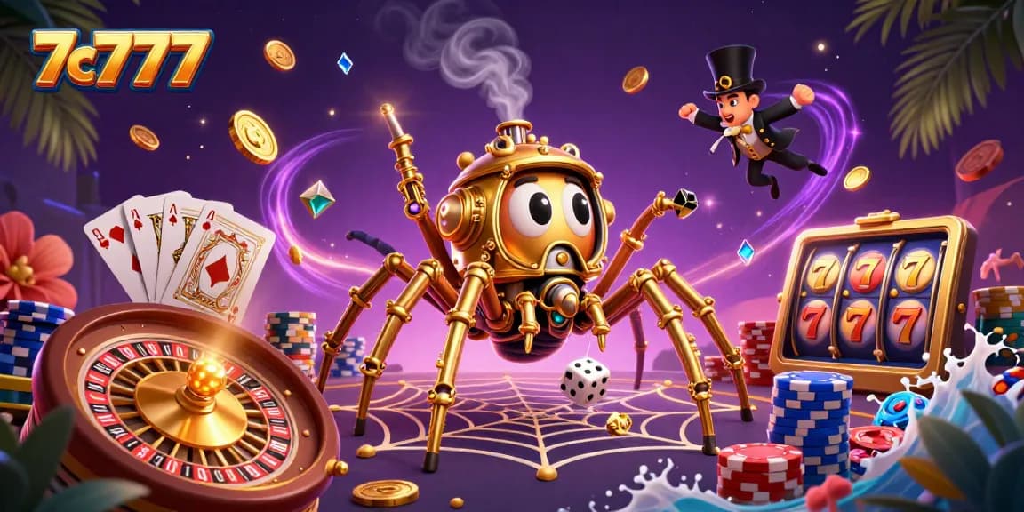 Visualize wins with 7c777: a whimsical 3D scene showcasing a steampunk spider and poker chips.