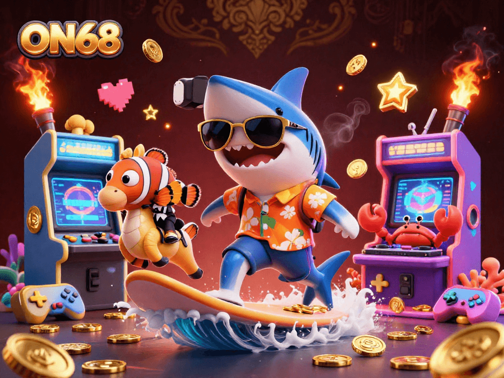 Experience winning strategies at ON68 with colorful casino characters amidst gold coins and vivid game elements.