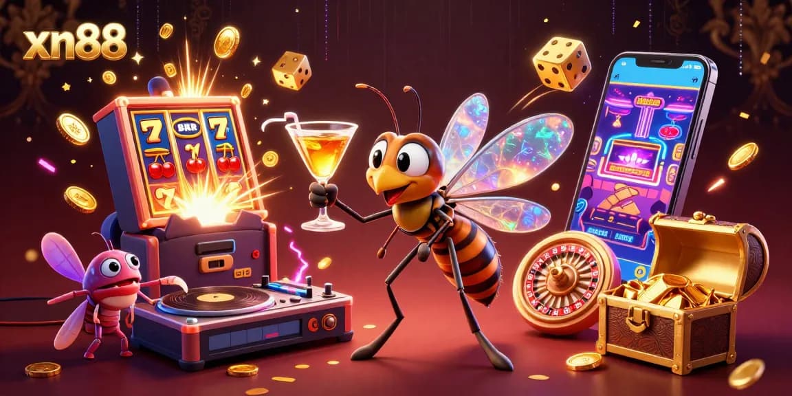 Xn88 casino celebrates wins with vibrant 3D illustration featuring a unique mosquito mascot and DJ.