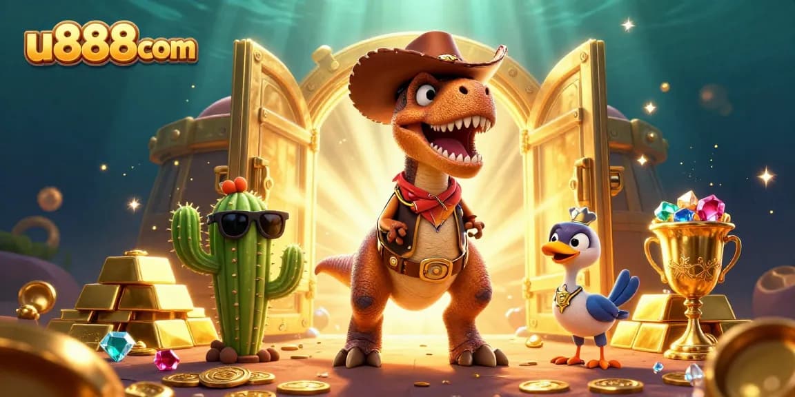 Experience the thrill of u888com with a dynamic 3D casino scene featuring cartoon characters and treasures.