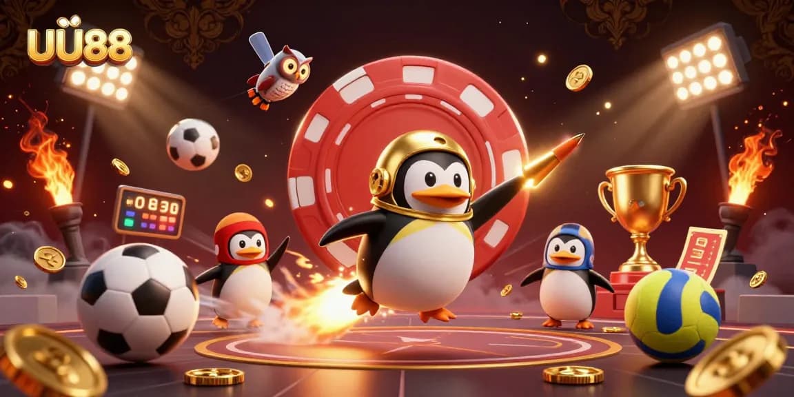 Experience thrilling gameplay at UU88 with our stylish golden penguin racing to the ultimate casino!