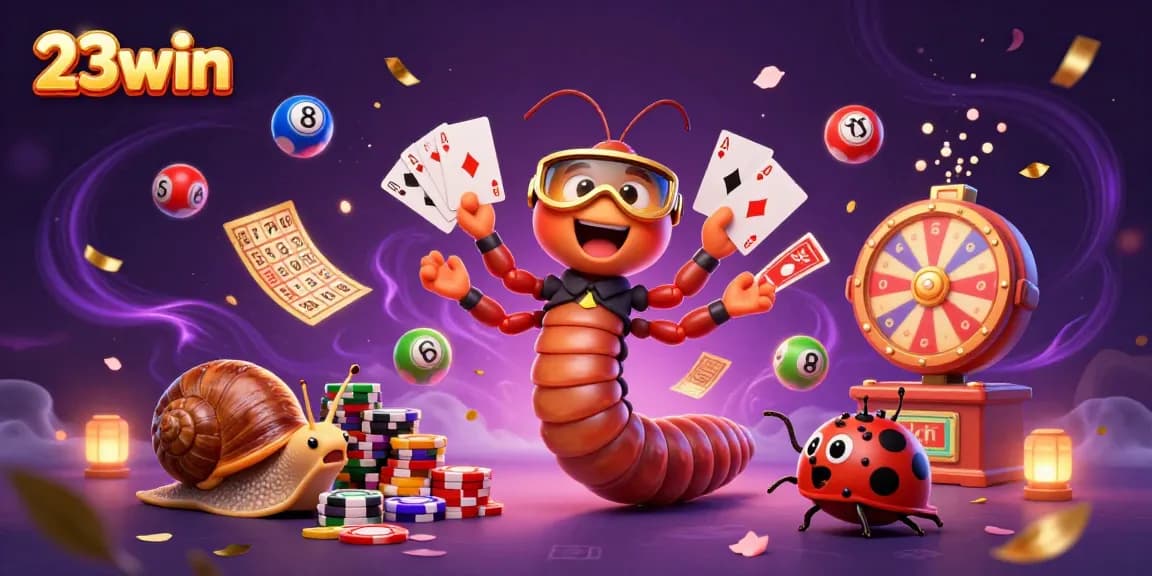 Experience the excitement at 23win with vibrant casino elements and charming characters.