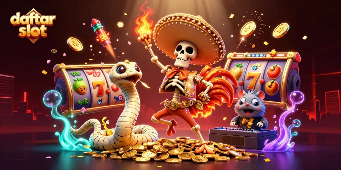Play the daftar slot games with exciting jackpots and vibrant characters in this colorful illustration.