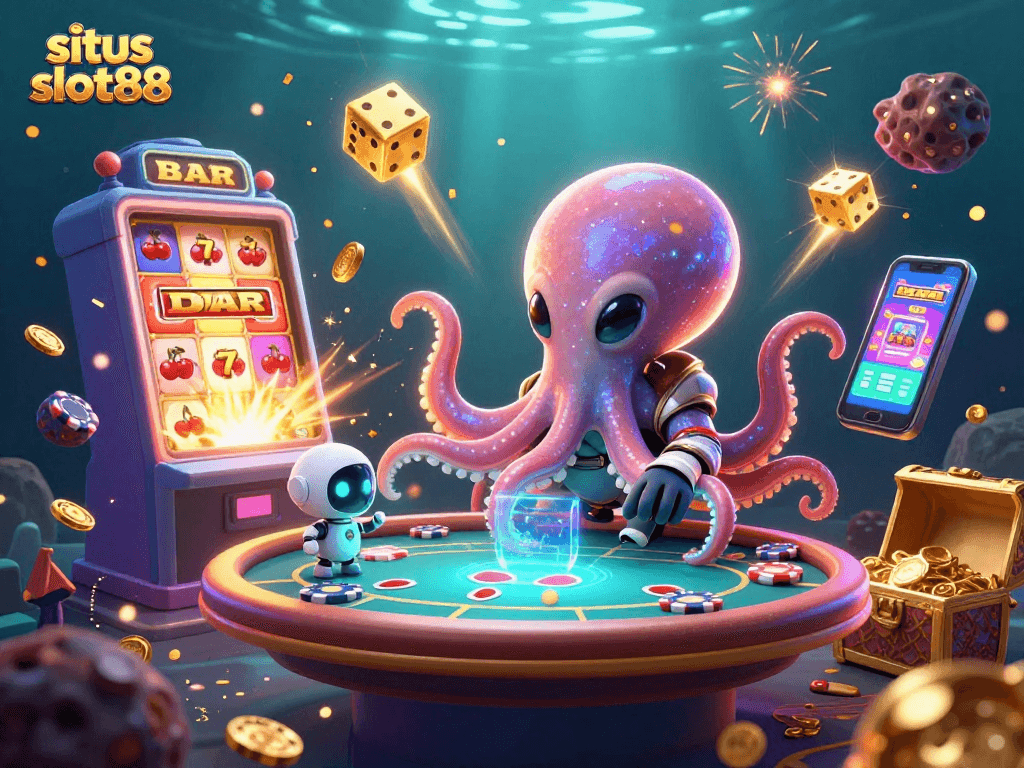 Situs slot88: Alien octopus joyfully creates a vibrant casino scene filled with jackpot action and colorful gaming elements.