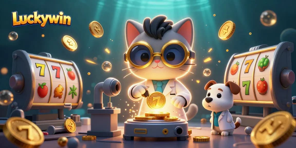 Experience Luckywin's excitement with a mad scientist cat and dog amid magical slot machines.