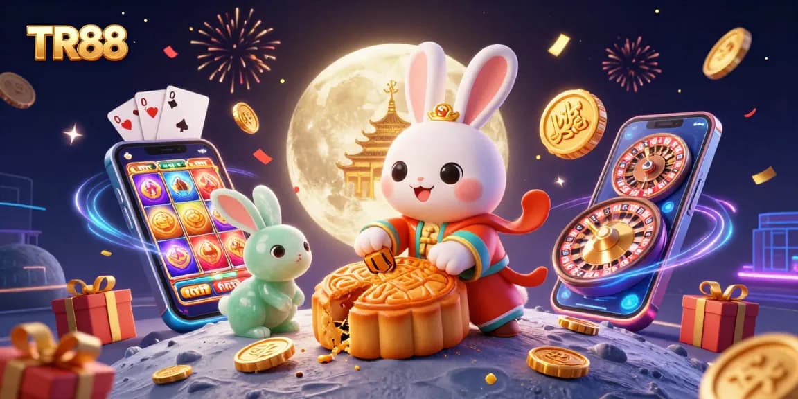 Experience exciting wins at TR88 with a vibrant illustration of a moon rabbit celebrating with gaming elements.