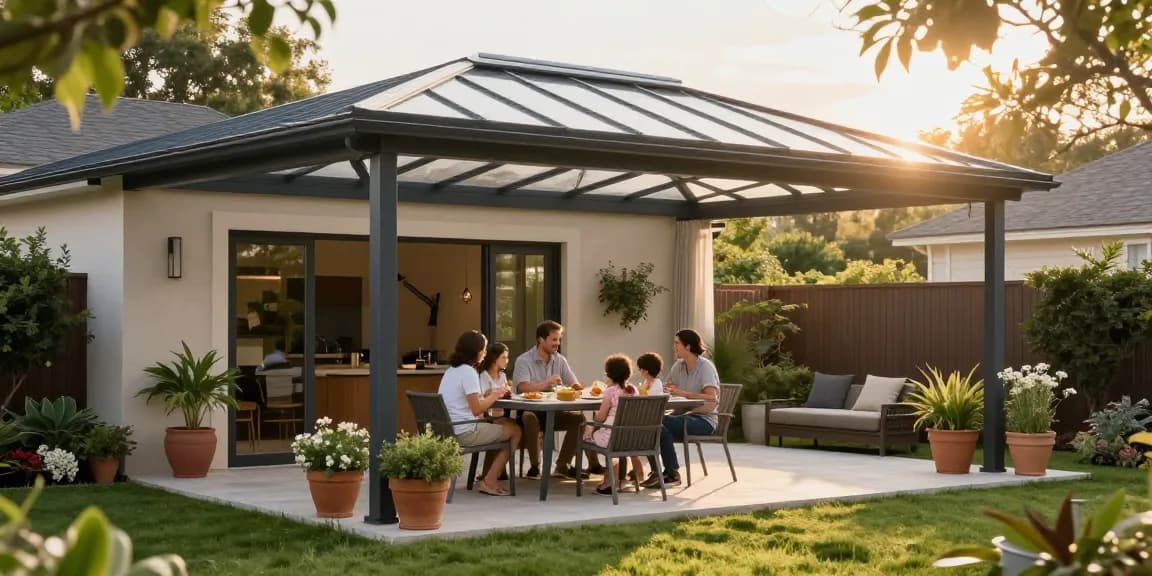 Moderne Terrassenüberdachung mit Familie beim Essen in einem entspannten Außenbereich.