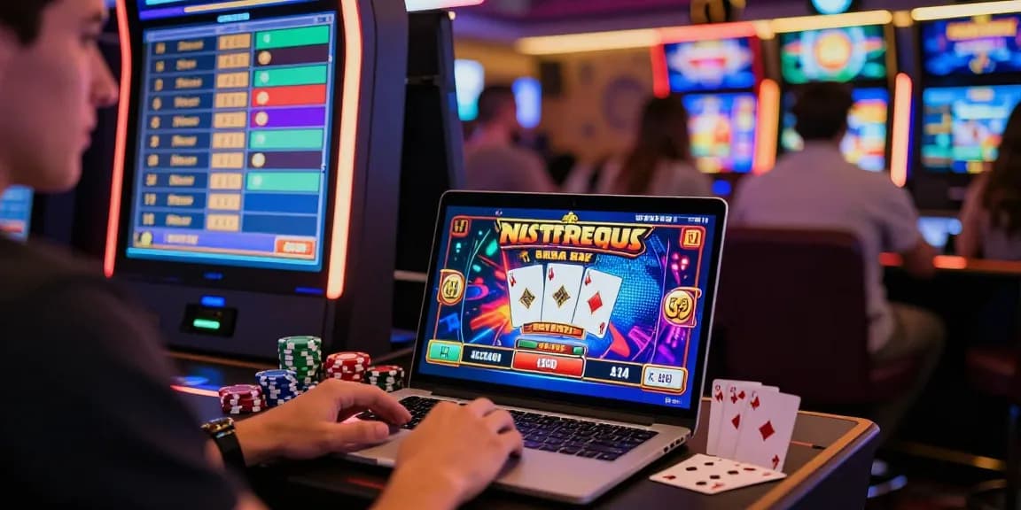 Engaging scene of daftar slot gaming on a laptop with vibrant graphics and casino elements.