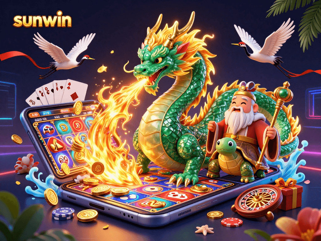 Engage with sunwin and experience a vibrant casino scene featuring a mystical dragon and wise turtle sage.