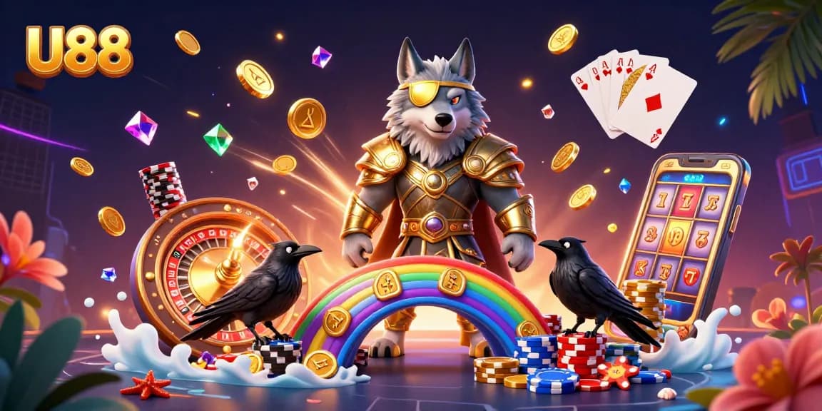 Join the excitement of U88 with this vibrant 3D casino scene featuring Odin and game elements.