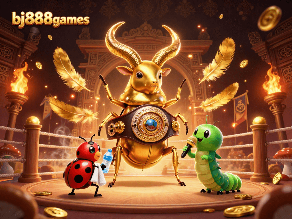 Engage with the dynamic scene at bj888games featuring a champion stag beetle and vibrant casino elements.