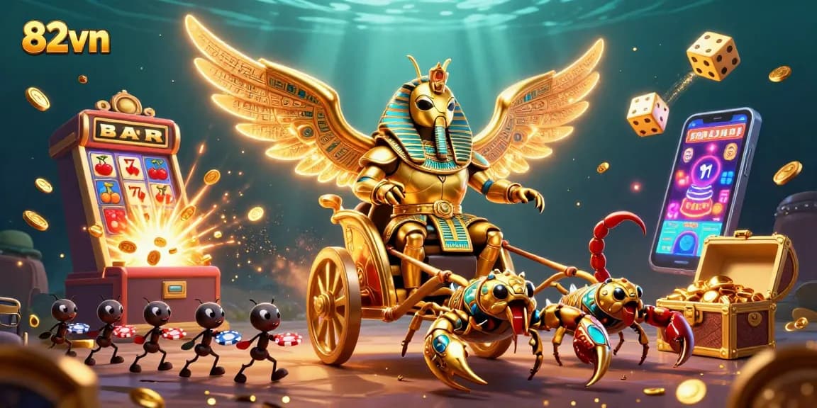 Engage in thrilling gameplay at 82vn, featuring a vibrant 3D casino scene with golden elements.