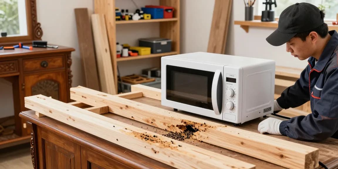 Shashel microwave treatment effectively eliminating wood-boring insects in a workshop.