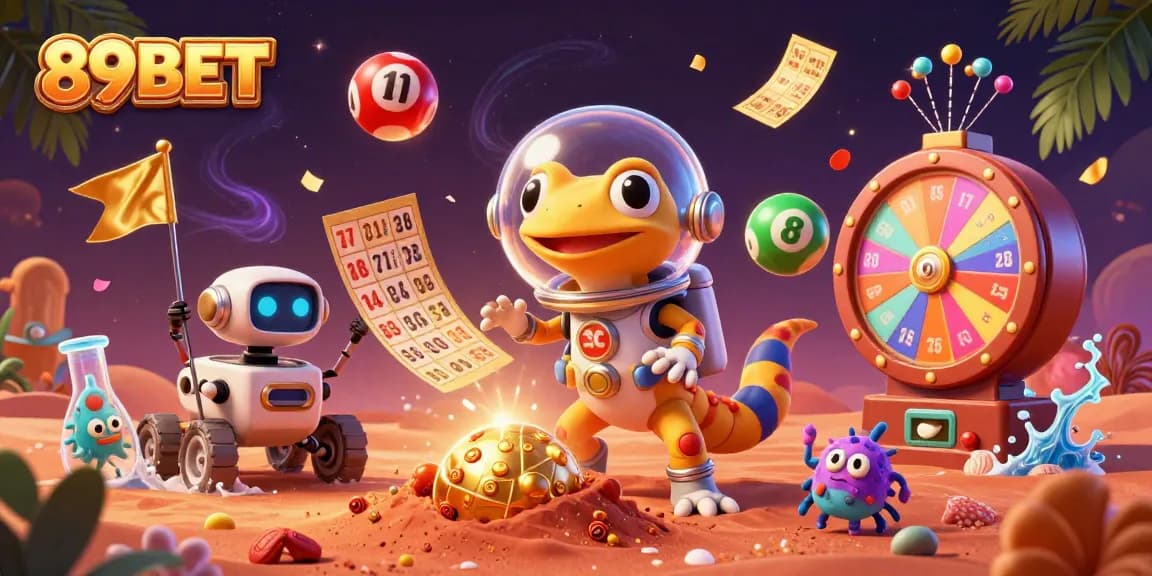 Engage in dynamic 89BET casino adventures with animated Martian gecko and exciting gameplay elements.