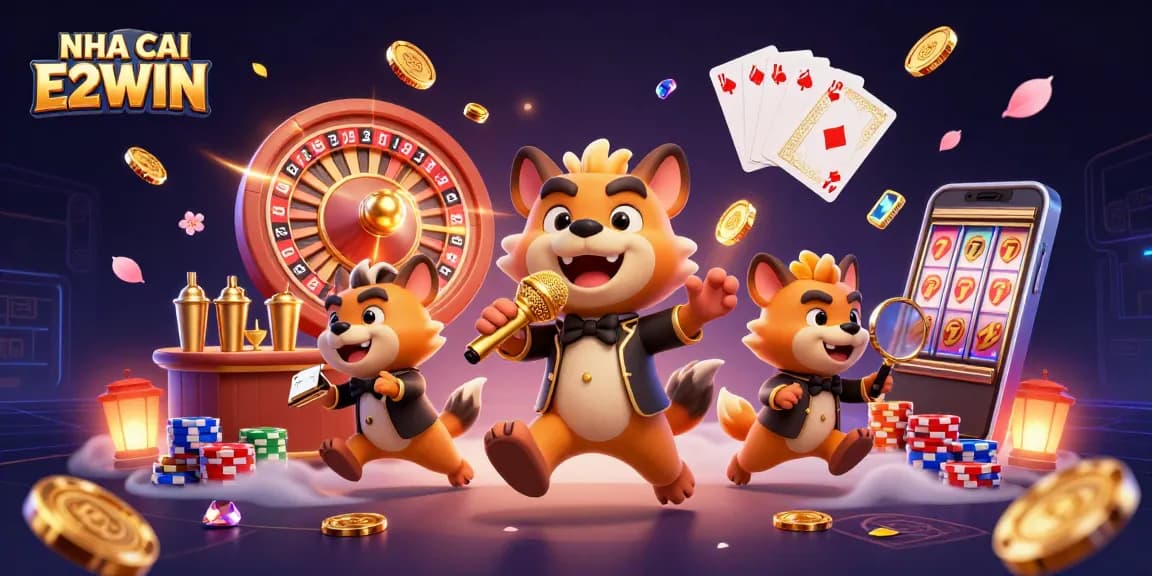 NHA CAI E2WIN showcases lively cartoon hyenas enjoying an exciting night at the casino with drinks and laughter.