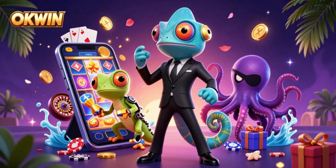 OKWIN agent chameleon with a tech-gecko and villainous octopus in a vibrant casino scene