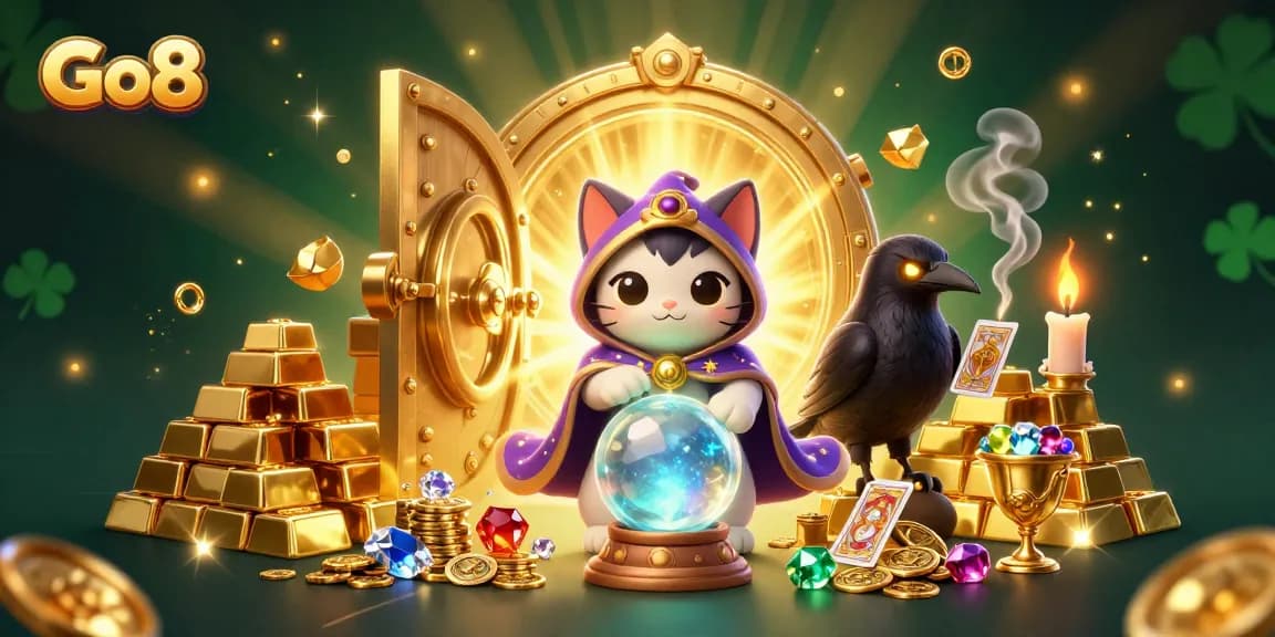 Experience exciting gaming with Go8's vibrant casino atmosphere featuring mystical characters and treasures.