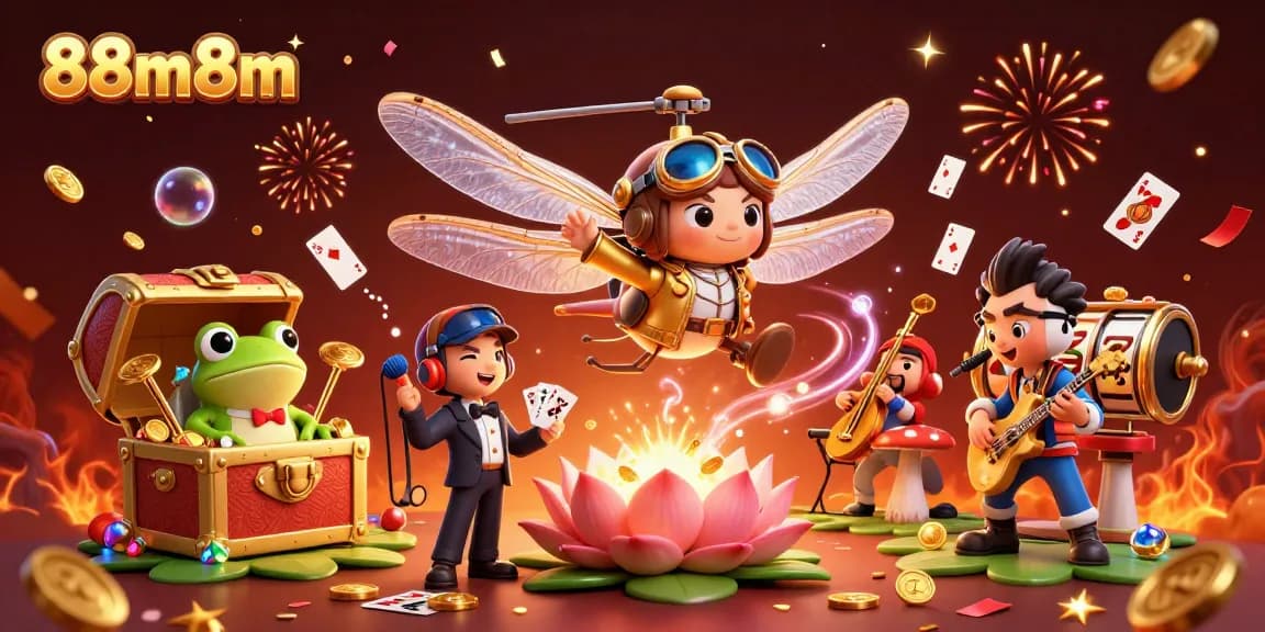 Engage with thrilling games at 88m8m, featuring dragonfly pilot and frog dealer in vibrant casino.
