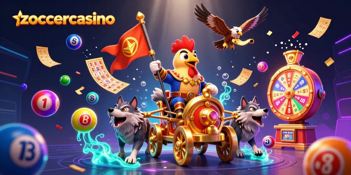Zoccercasino features a vibrant 3D scene with a rooster warlord, wolves, and dynamic lottery elements.