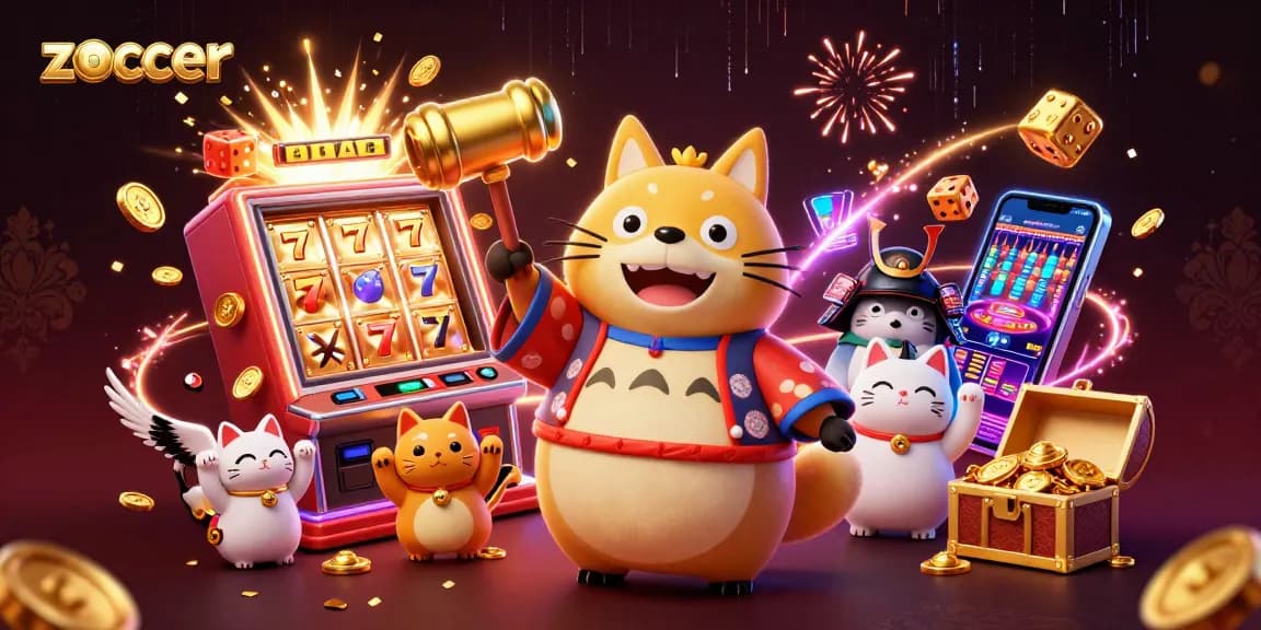 Zoccer slot gaming excitement with cheerful characters and vibrant casino elements bursting with energy.