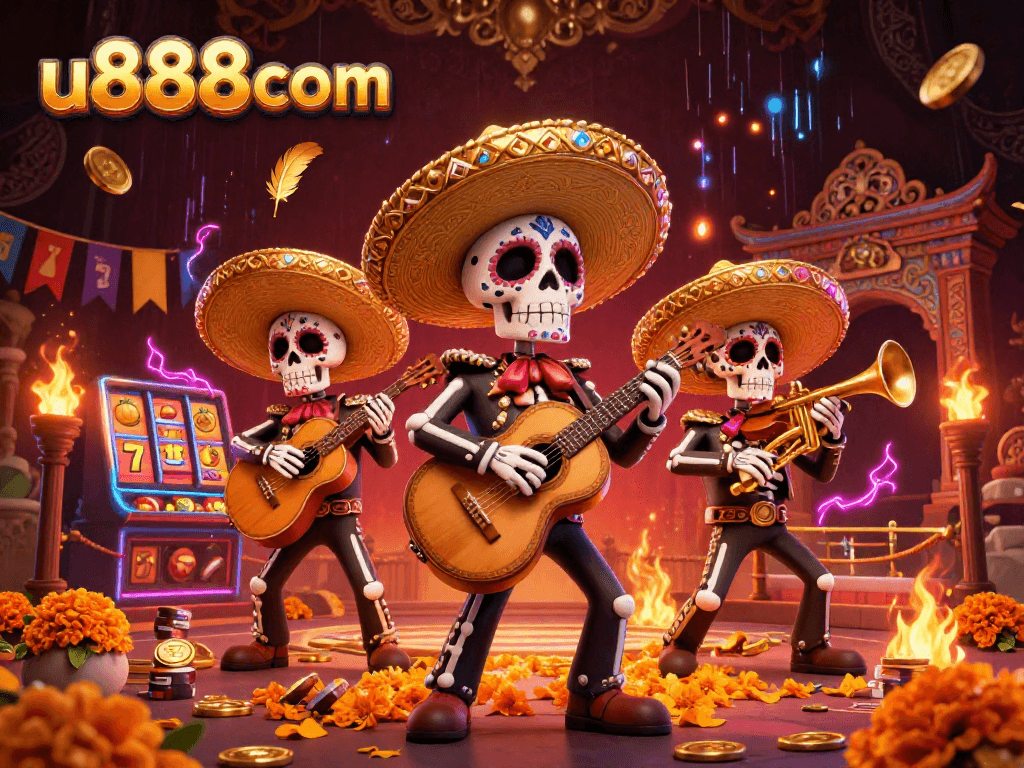 Engage with dynamic gaming at u888com featuring a vibrant 3D illustration of a skeleton mariachi band.