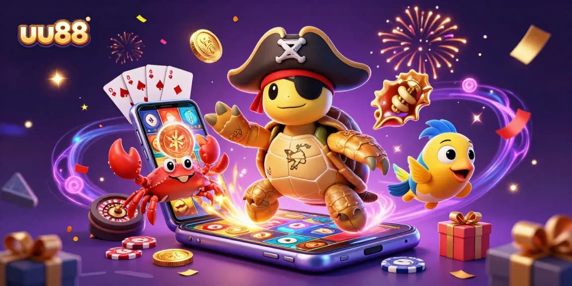 Experience thrilling gameplay at uu88 with a pirate turtle, golden crab, and vibrant slot game elements.