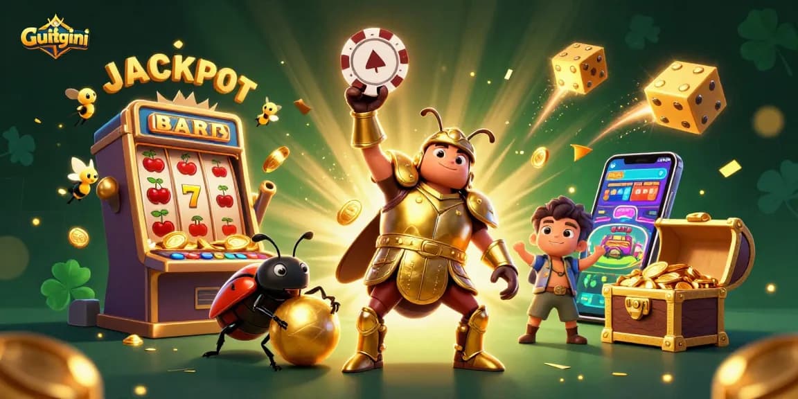 Guitgini offers an exciting jackpot experience with a vibrant 3D illustration showing dynamic casino elements.
