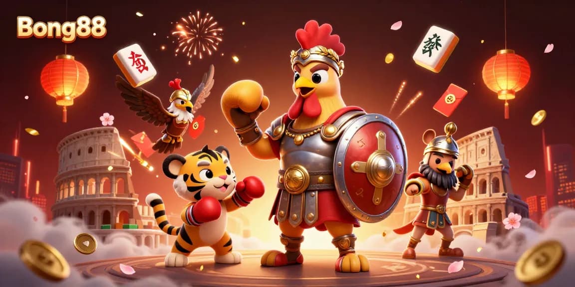 Bong88 features a dynamic 3D scene with a gladiator rooster, tiger cub, and eagle amidst casino elements.