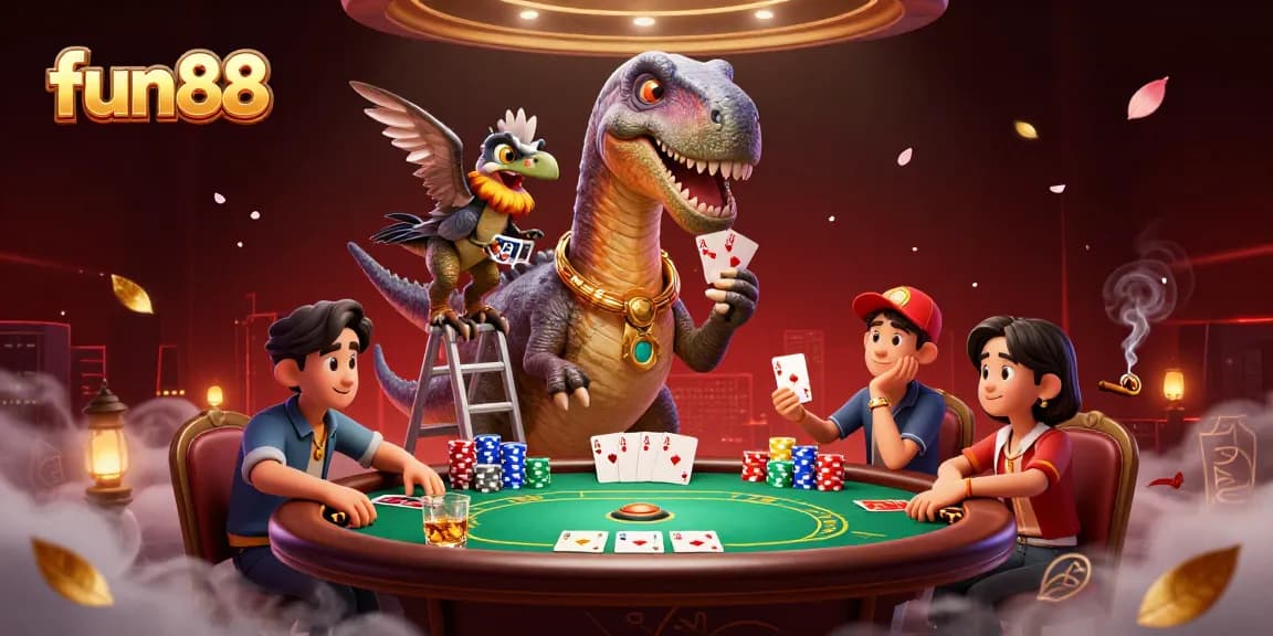 Experience the thrill of fun88 with an immersive casino scene featuring a brontosaurus dealer and poker actions.