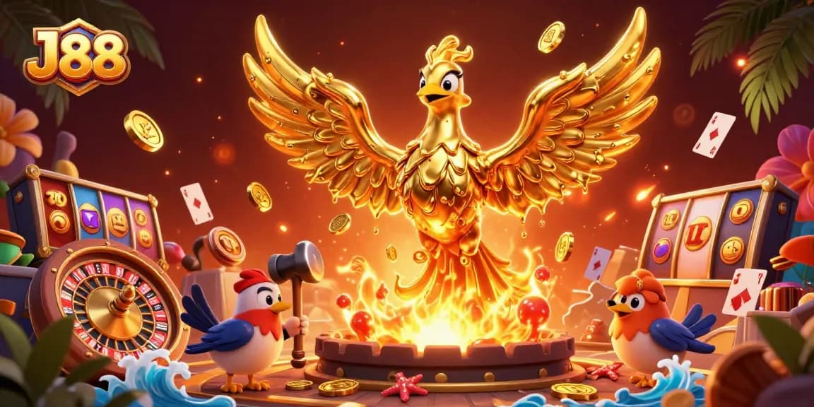 Win big at J88 with a lavish scene featuring a molten gold phoenix and dynamic casino elements.