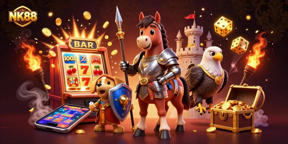 Spin and win at NK88 with vibrant casino action in a dynamic 3D illustration featuring medieval characters.