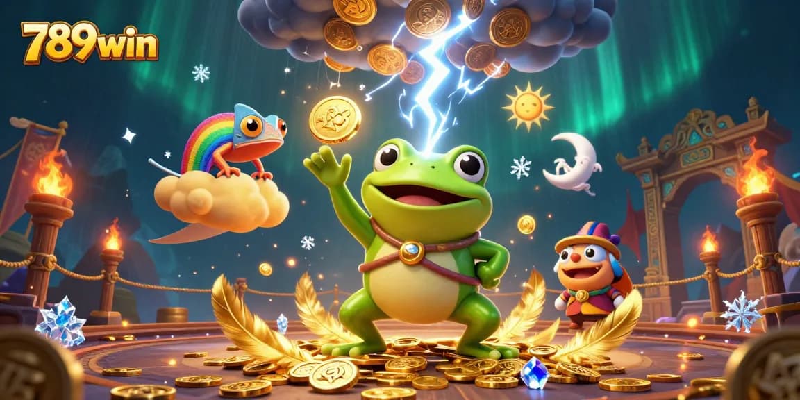 Spin your luck with 789win in this vibrant casino scene showcasing golden coin storms and magical creatures.
