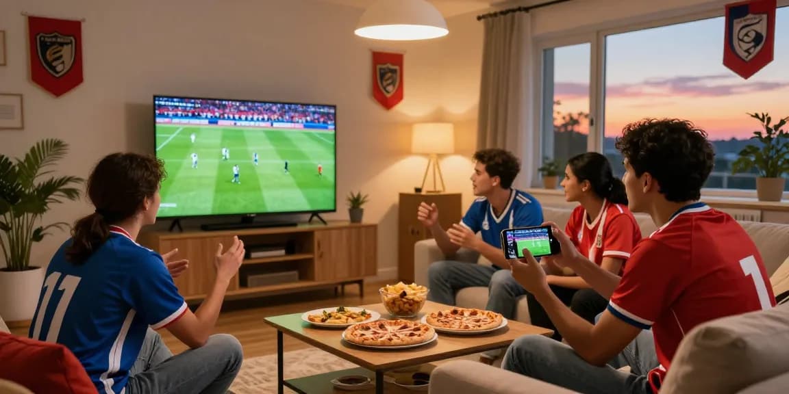 IHD Sports الرسمي live football match viewing scene with friends in a cozy living room filled with team jerseys and snacks.