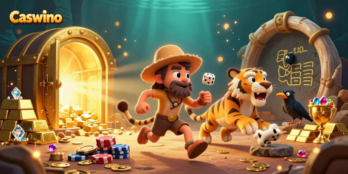 Experience Caswino's vibrant atmosphere with a dynamic casino scene featuring cavemen and treasures.