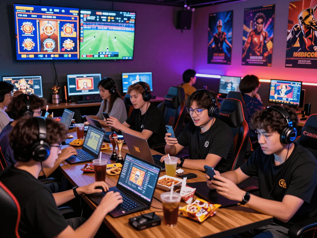 Players enjoying situs raja328's online gaming experience in a vibrant lounge atmosphere.