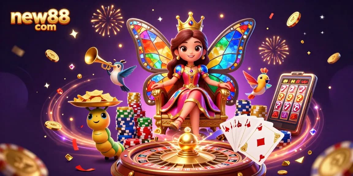 Experience excitement at new88 com with a vibrant 3D casino scene featuring a butterfly queen, chips, and gambling elements.