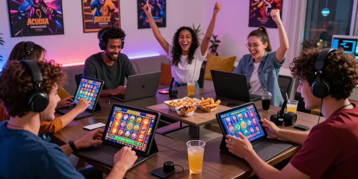 Excited players enjoying judi slot games in a vibrant living room setting.