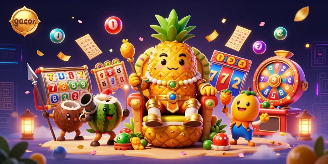 Experience the excitement of gacor slots with a vibrant casino scene featuring colorful slot reels and lively characters.