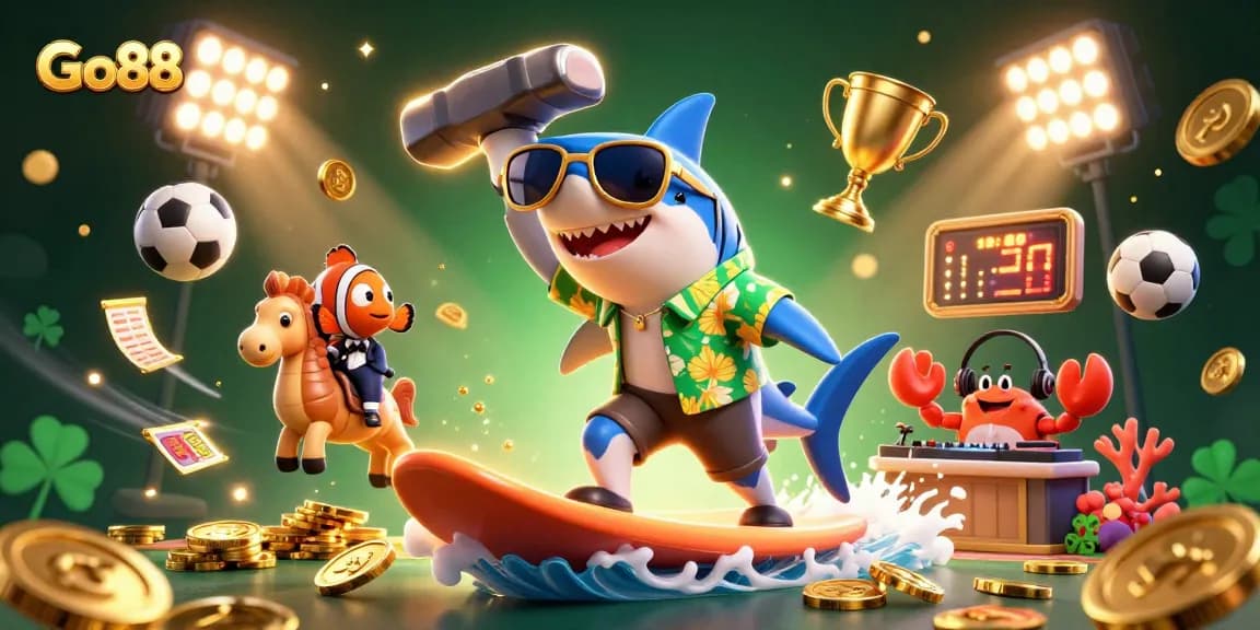 Experience thrilling gameplay at Go88 with vibrant 3D characters amidst gold coins and sports elements.