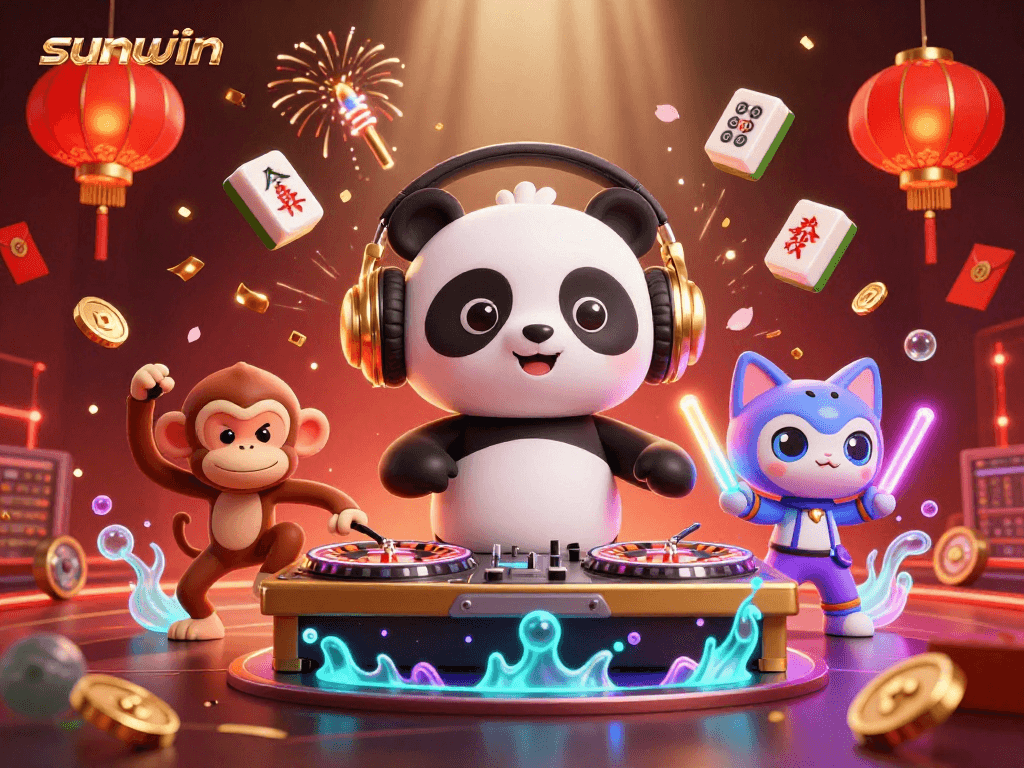 Experience vibrant gaming with sunwin, showcasing lively characters and casino elements.