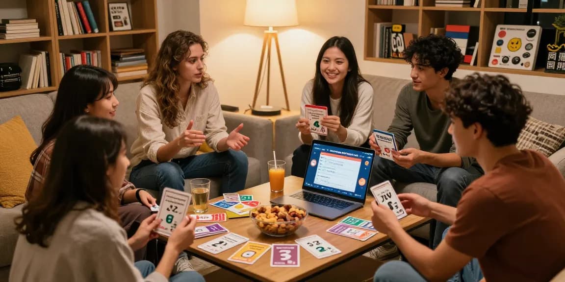 Quiz Allgemeinwissen Spaß in gemütlicher Runde mit Freunden, lebhafte Diskussion über Fragen.
