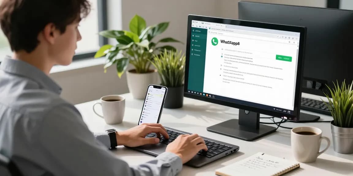 Professional workspace featuring WhatsApp電腦版 on screen, with a laptop and smartphone, embodying modern tech for productivity.
